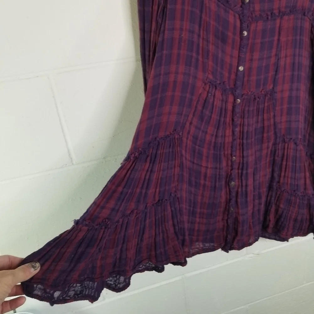 Free People Whistle While You Work plaid gauze button up swingy babydoll top